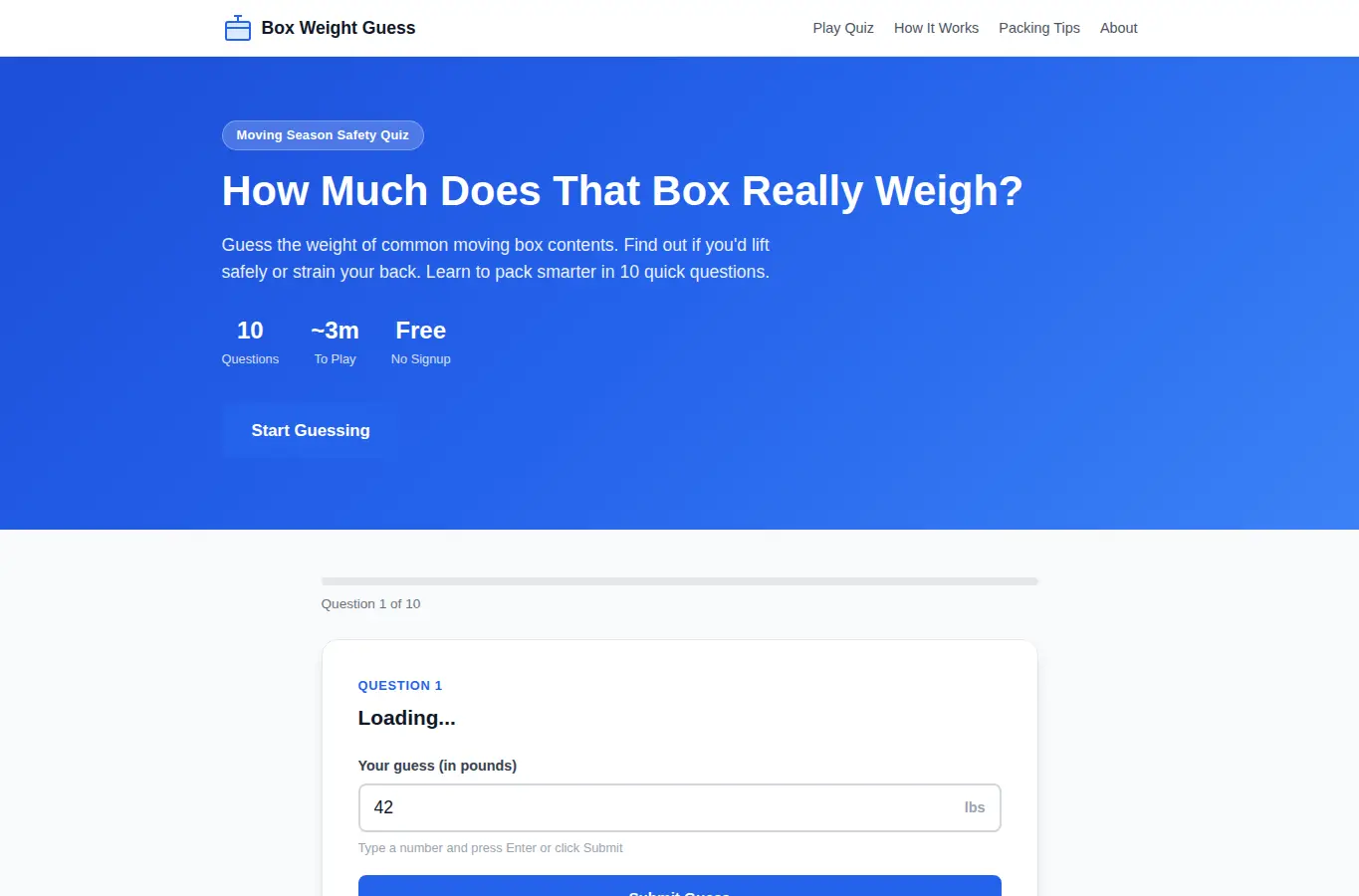 Screenshot of Moving Box Weight Guess — Can You Guess the Real Weight? interface showing the project page in use
